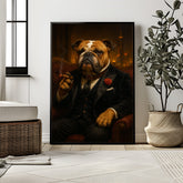 Framed portrait of a dog dressed in formal attire in a room with decor elements.